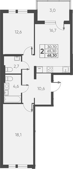 Продается 2-комн. квартира, 65.3 м²