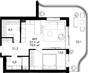 Продается 1-комн. квартира, 57.4 м²