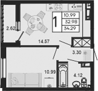 Продается 1-комн. квартира, 32.98 м²
