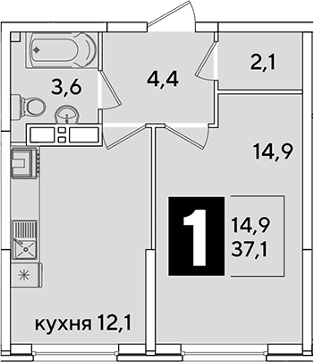 Продается 1-комн. квартира, 37.1 м²