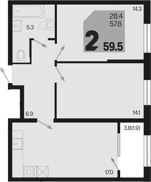 Продается 2-комн. квартира, 57.6 м²
