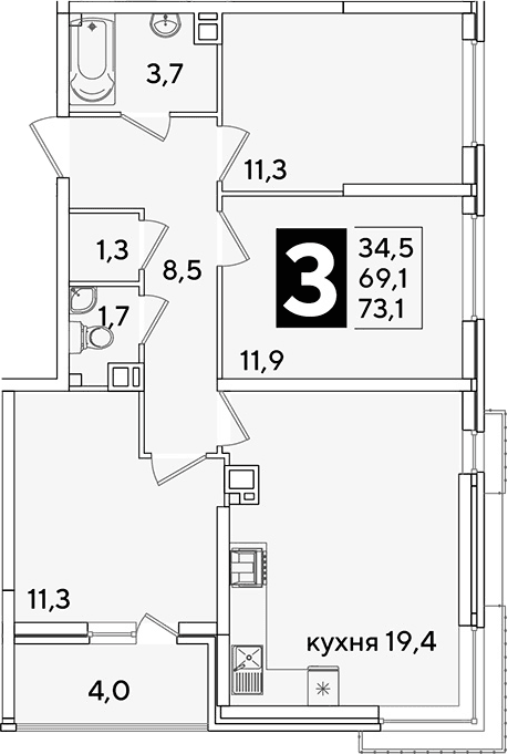 Продается 4-комн. квартира, 69.1 м²