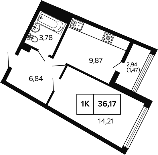 Продается 1-комн. квартира, 34.7 м²
