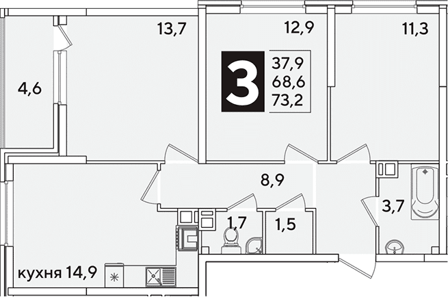 Продается 3-комн. квартира, 68.6 м²