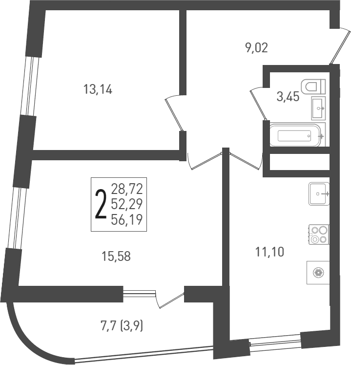 Продается 2-комн. квартира, 53.8 м²