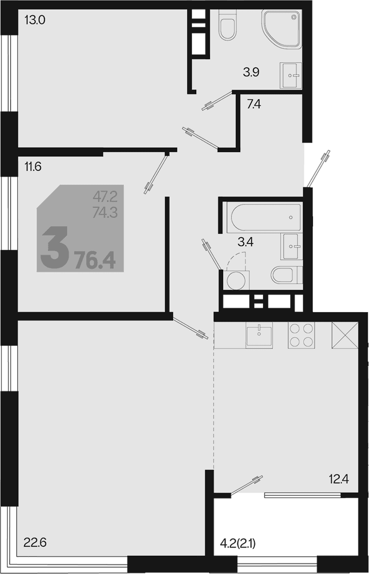 Продается 3-комн. квартира, 74.3 м²