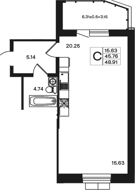 Продается 1-комн. квартира, 45.76 м²