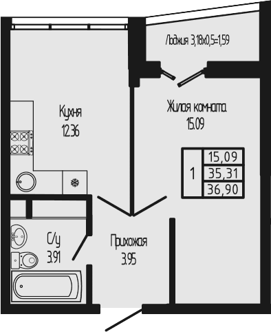 Продается 1-комн. квартира, 35.31 м²