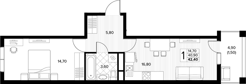 Продается 1-комн. квартира, 40.9 м²