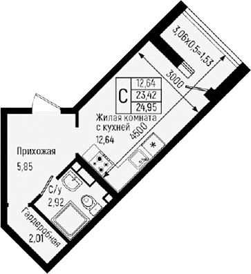 Продается 1-комн. квартира, 23.42 м²