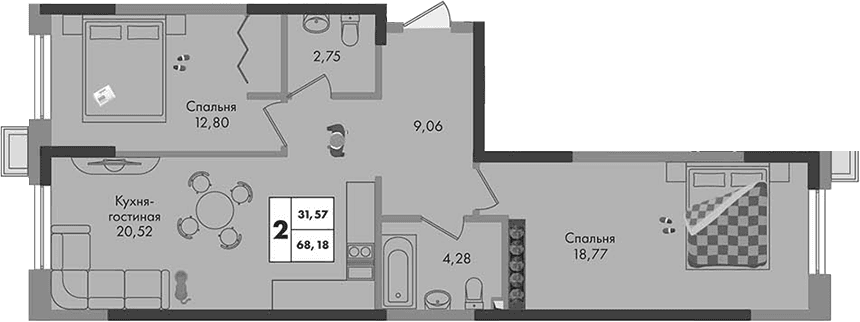 Продается 2-комн. квартира, 68.18 м²