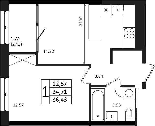 Продается 2-комн. квартира, 35.21 м²