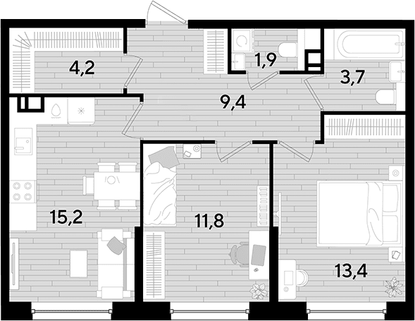 Продается 2-комн. квартира, 59.6 м²