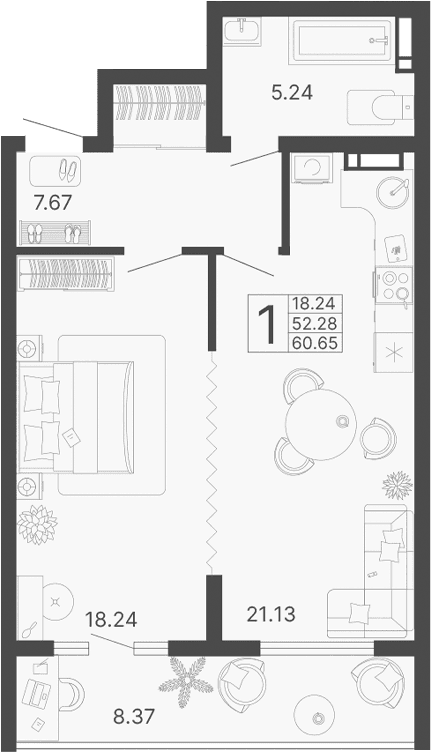 Продается 1-комн. квартира, 52.29 м²