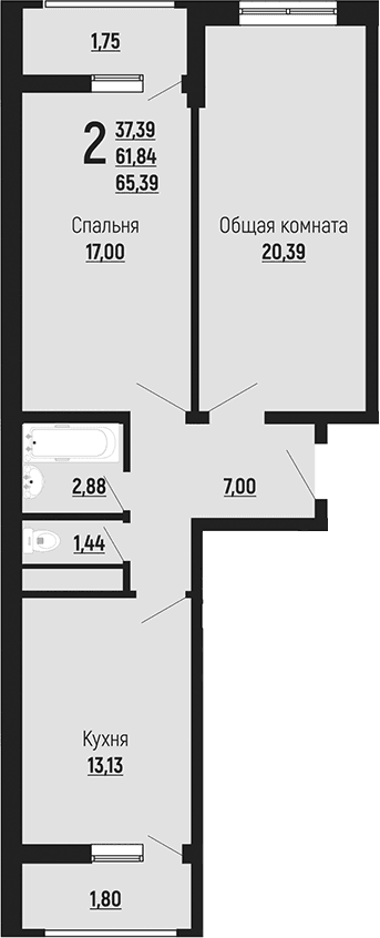 Продается 2-комн. квартира, 61.84 м²
