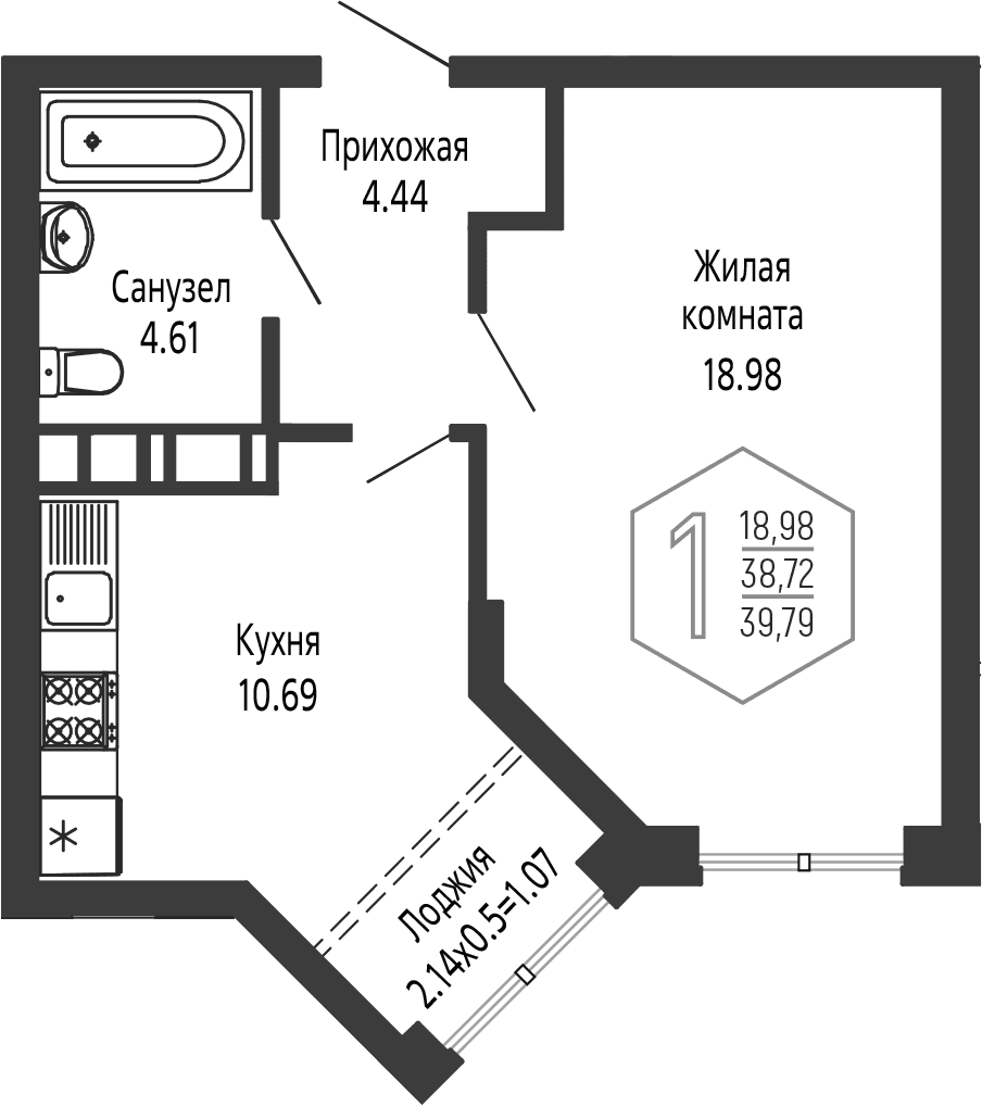 Продается 1-комн. квартира, 38.72 м²