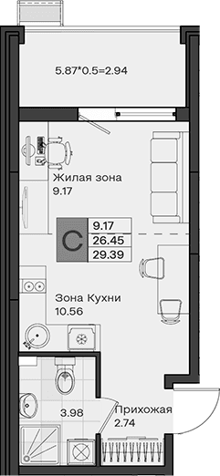 Продается 1-комн. квартира, 26.45 м²
