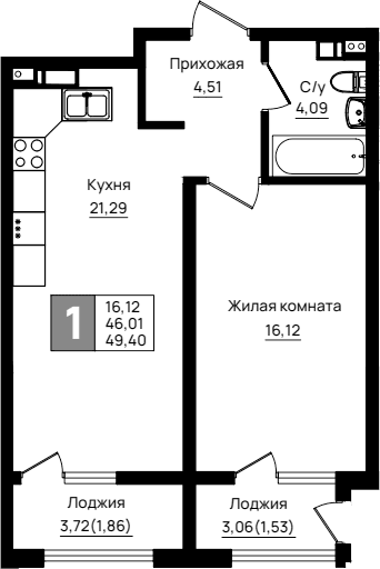 Продается 1-комн. квартира, 46.01 м²