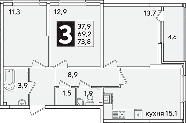 Продается 4-комн. квартира, 69.2 м²