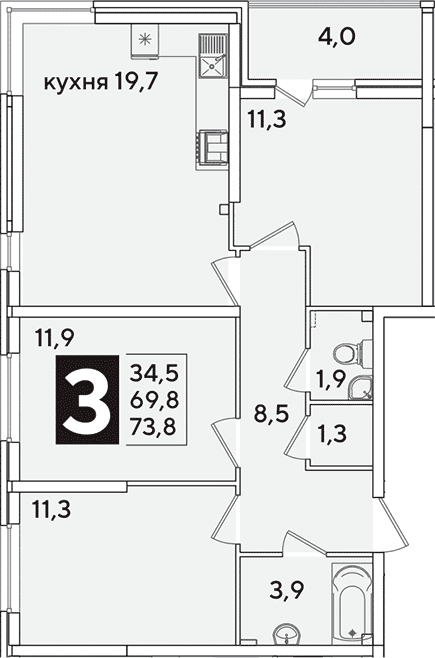 Продается 4-комн. квартира, 69.8 м²
