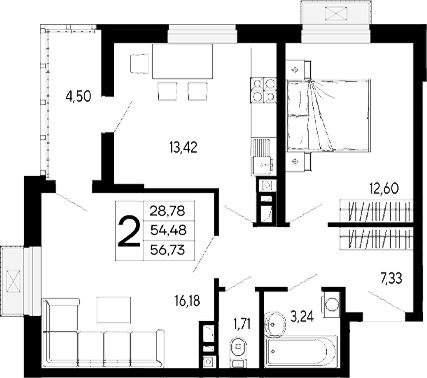 Продается 2-комн. квартира, 54.48 м²