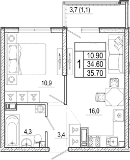 Продается 2-комн. квартира, 34.6 м²