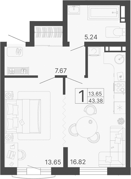 Продается 1-комн. квартира, 43.38 м²