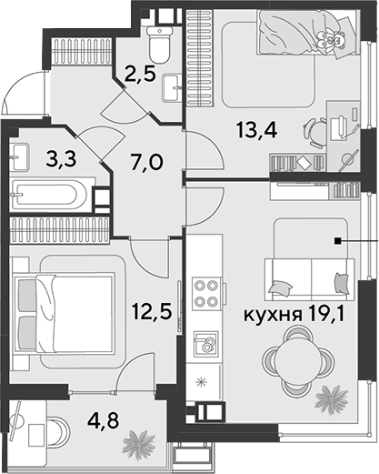 Продается 3-комн. квартира, 57.8 м²