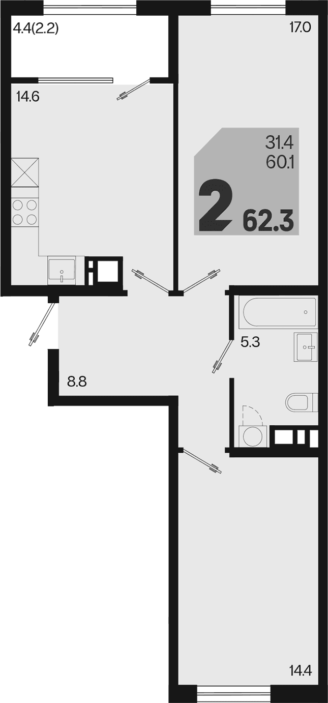 Продается 2-комн. квартира, 60.1 м²
