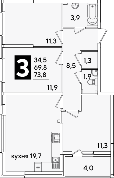 Продается 4-комн. квартира, 69.8 м²