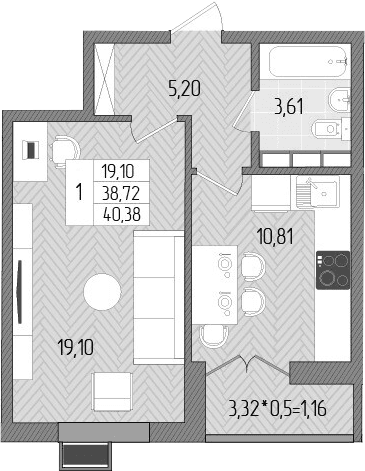 Продается 1-комн. квартира, 38.72 м²