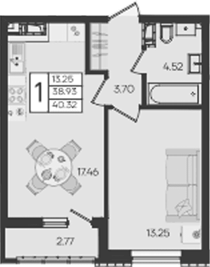 Продается 1-комн. квартира, 38.93 м²