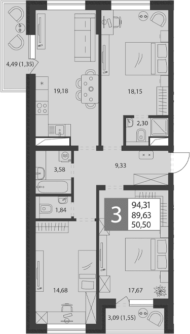 Продается 4-комн. квартира, 86.73 м²