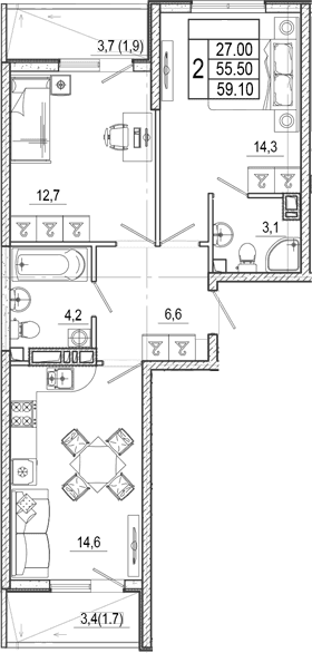 Продается 2-комн. квартира, 55.5 м²