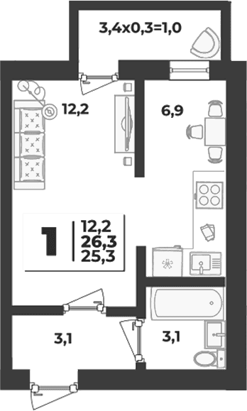 Продается 1-комн. квартира, 25.3 м²