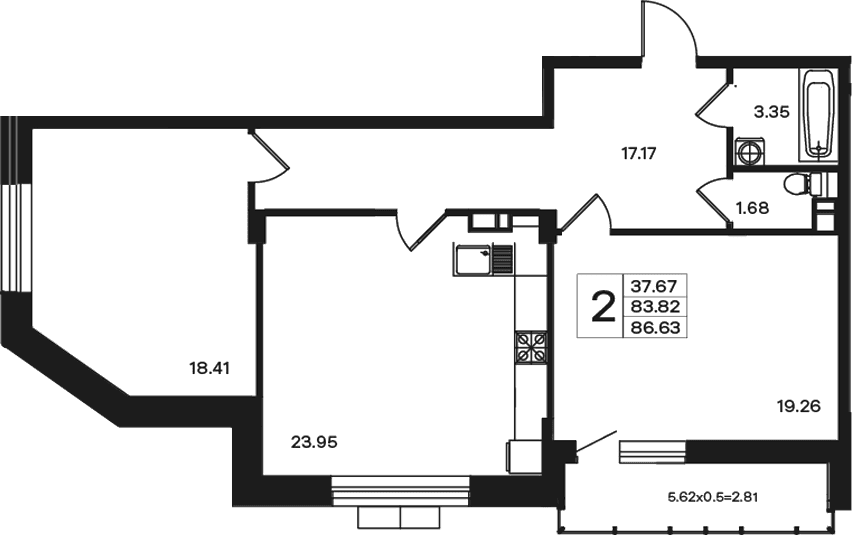 Продается 2-комн. квартира, 83.82 м²