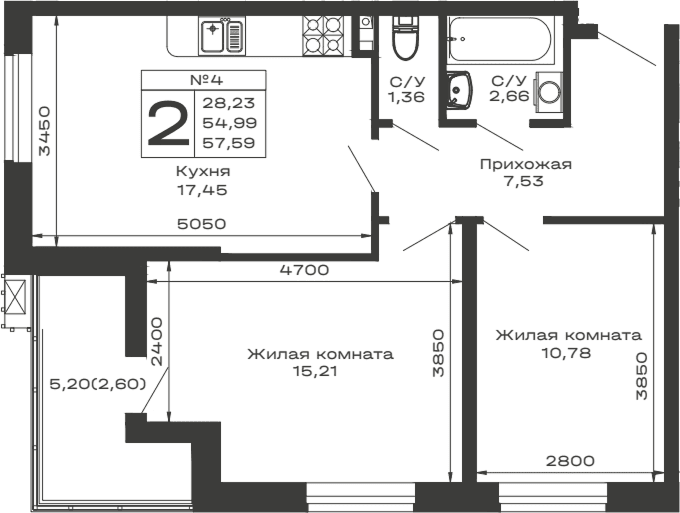 Продается 2-комн. квартира, 54.99 м²