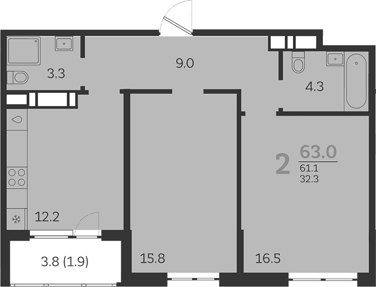 Продается 2-комн. квартира, 61.1 м²