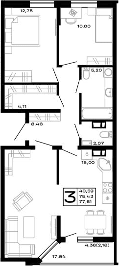 Продается 3-комн. квартира, 75.43 м²