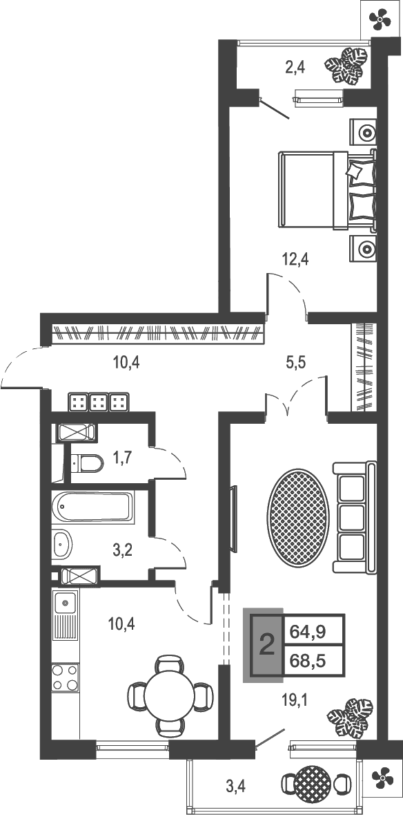 Продается 2-комн. квартира, 62.68 м²