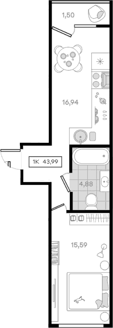 Продается 1-комн. квартира, 42.49 м²