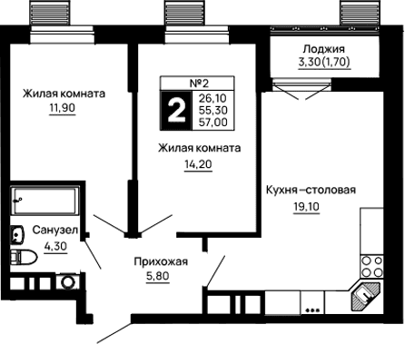 Продается 2-комн. квартира, 55.3 м²