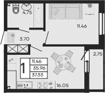 Продается 1-комн. квартира, 35.96 м²