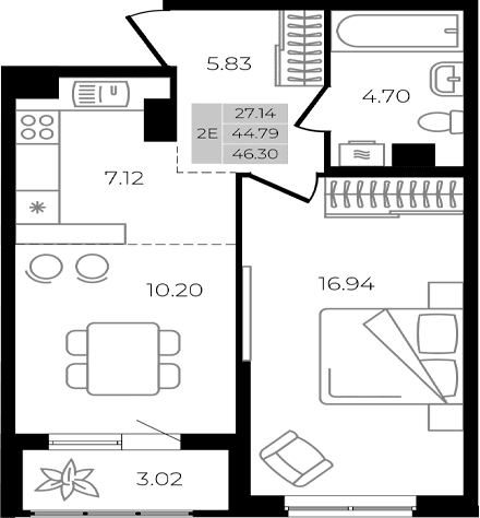 Продается 2-комн. квартира, 44.79 м²