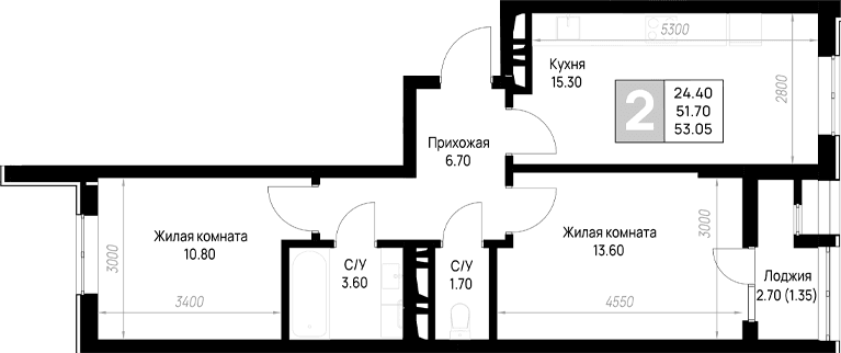 Продается 2-комн. квартира, 51.7 м²
