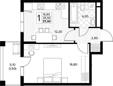 Продается 1-комн. квартира, 35.9 м²