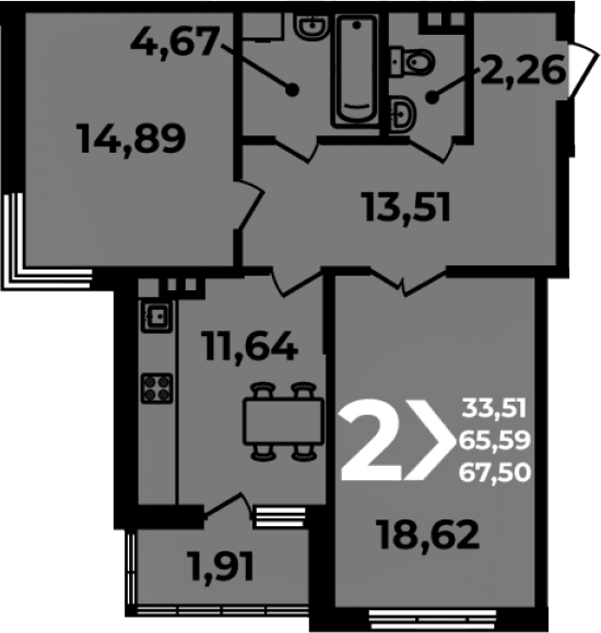 Продается 2-комн. квартира, 65.59 м²
