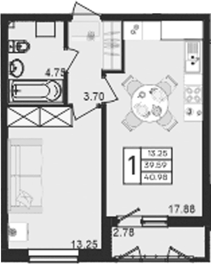 Продается 1-комн. квартира, 39.59 м²