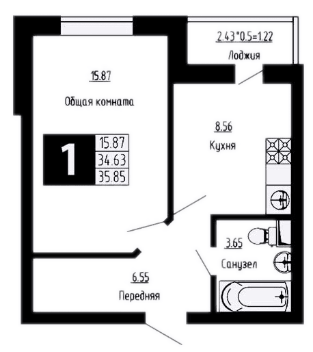 Продается 1-комн. квартира, 34.63 м²