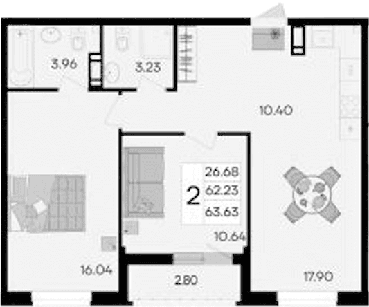 Продается 2-комн. квартира, 62.23 м²